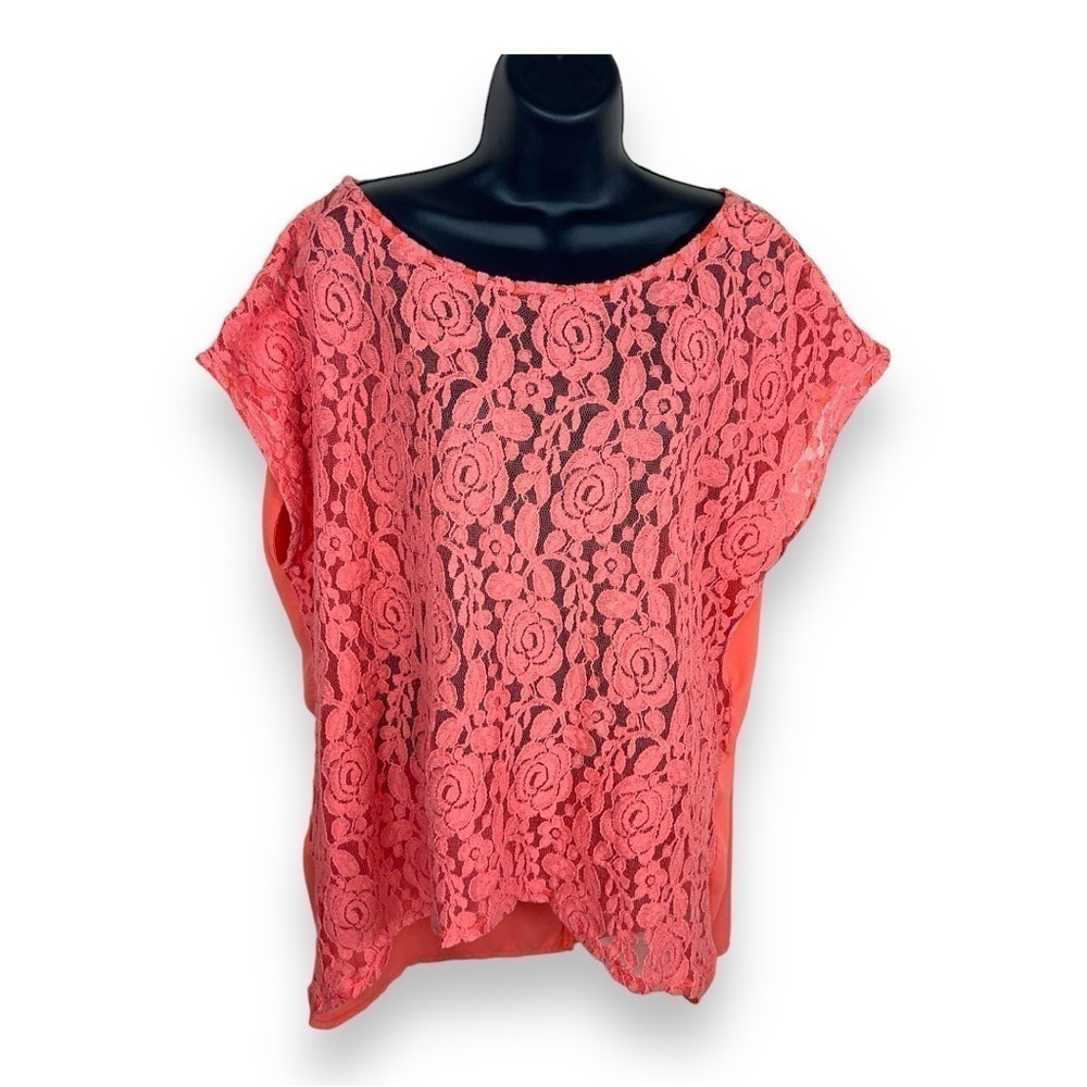 2X TRU SELF ORANGE LACE BLOUSE OPEN BACK CROPPED SHORT SLEEVE